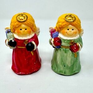 Vintage Christmas Angel Salt & Pepper Shakers Blonde Girls Red and Green